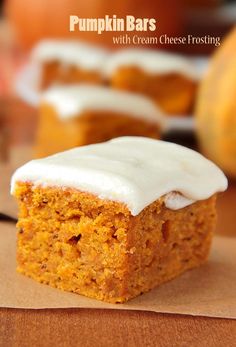 a piece of pumpkin bars with cream cheese frosting