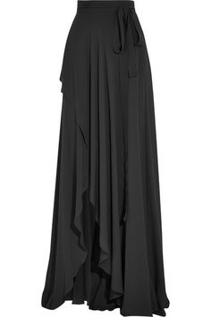 Luxury Maxi Skirt, Chiffon Wrap Skirt, Skirt Outfits Ideas, Black Wrap Skirt, Maxi Wrap Skirt, Silk Wrap Skirt, Black Fr, Leather Bustier, Evening Skirts