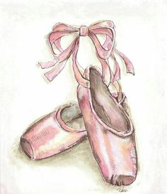 a drawing of pink ballet shoes with a ribbon tied around the toe and bottom part