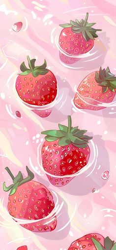 three strawberries floating in the water on pink background