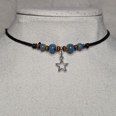 Star Charm Blue Ceramic Wooden Beaded Boho Hippie Y2k Adjustable Black Rope Cord Choker Necklace Comes On An Adjustable Waxed Black Cord Necklace. Necklace Is Adjustable From Approximately 13" To 22". Cute Homemade Beaded Necklaces, Rope Choker Necklace, Blue Hippie Jewelry, Fall Beaded Chokers, Hippie Bead Jewelry, Y2k Choker Necklace, Choker Necklace Beaded, Cute Homemade Necklaces, Star Beads Pattern