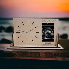 This beautiful It's a Girl! handmade maple wood desktop clock with an area for a photo is the perfect gift for the expecting mom  Whether using as a birth announcement, gender reveal or giving as a gift, this personalized clock will be cherished for years to come.  A beautiful keepsake for the new parents!