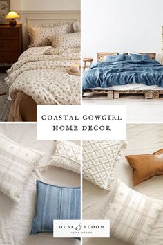 coastal cowgirl home decor collage with blue and white bedding, pillows, throw pillows