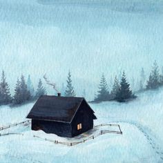 a painting of a house in the middle of a snowy field with trees and fog