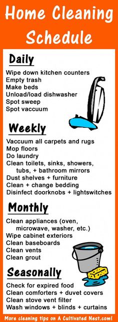 an orange and white poster with instructions on how to clean your home cleaning schedules