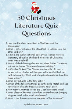 the 50 christmas literature quiz questions with santa hat on top and snowflakes in the background