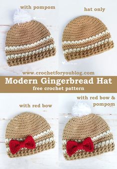 three crocheted hats with red bow and pom pom on the top