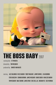 the boss baby movie poster with an image of a baby sitting at a table holding a radio