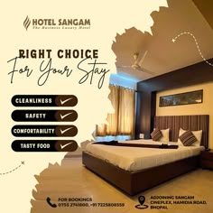 a hotel room is shown with the words right choice for your stay written on it