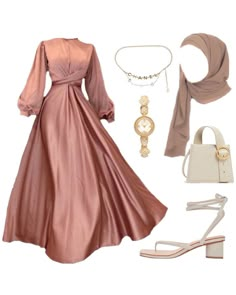 Dress Outfits Ideas Hijab, Pink Dress For Hijab, Modest Fancy Dresses, Dresses For Muslim Women, Outfit Lebaran Simple, Dress And Accessories