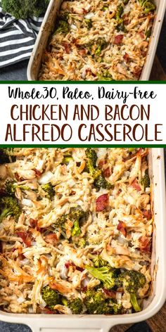 chicken and bacon alfredo casserole in a white baking dish with text overlay