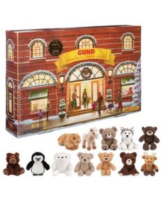 an assortment of teddy bears in front of a building with the words gund on it