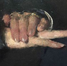 an oil painting of a person's hand holding something