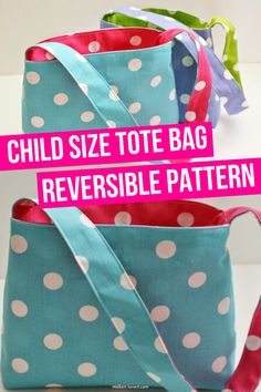 two bags with polka dots on them and the words, child size tote bag reversible pattern