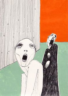 a drawing of two people in front of an orange and green background, one is screaming at the other