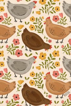 birds and flowers on a white background with brown, gray, and orange colors are featured in this pattern