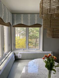 Kristina Phillips Interior Design Cornice With Roman Shades, Coastal Cornice Board Ideas, Kitchen Cornice Ideas, Wood Cornices For Windows, Window Cornice Ideas, Cornices For Windows, Bay Window Valance Ideas, Small Window Ideas