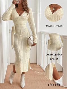 SHEIN Privé Vestido de Suéter com Decote em V e Amarração, Outono/Inverno, Tricô Trançado Emagrecedor, Elegante e Ajustado Cross Neck, Drawstring Waist