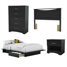 a bed, dresser and night stand are shown in three different positions with one drawer open