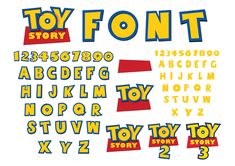 the toy story font and numbers are shown in red, yellow, and blue colors