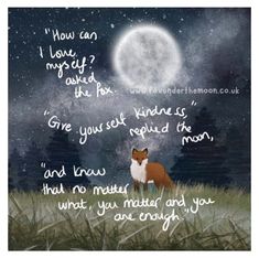 a fox sitting on top of a lush green field under a full moon filled sky