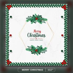 a merry christmas card with holly wreaths