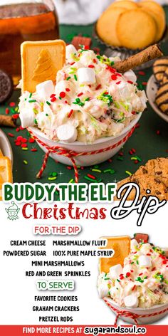 the flyer for buddythele christmas dip is shown with cookies and marshmallows