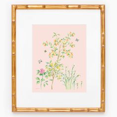 a painting with yellow flowers and butterflies on a pink background, framed in gold bamboo