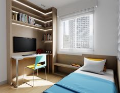 a bedroom with a bed, desk and television in it next to a book shelf