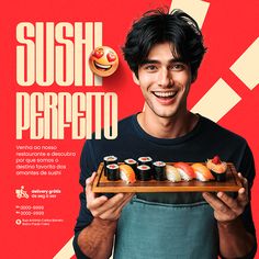 a man holding a tray with sushi on it and smiling at the camera while standing in front of a red background