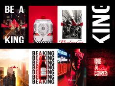 an advertisement for the brand be a king, featuring red and black posters with cityscape in the background