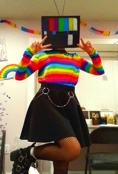 Cosplay of Byx, my OC! Fluffy Outfit Aesthetic, Weird Core Cosplay, Glitch Core Outfits, Creepycore Outfits, Dark Clowncore Outfit, Cosplaying Aesthetic, Rainbow Scene Outfit, Weirdcore Outfits Aesthetic, 2020 Aesthetic Alt