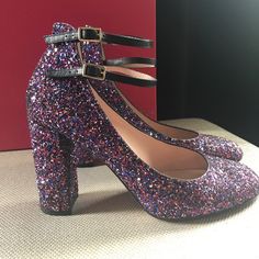 3.5" Glitter Heel Baneera Shoe From Kate Spade. Double Buckle. Heeled Mary Jane. Made In Italy. Box And Stuffing Included. Gently Worn. Kate Spade Closed Toe Party Heels, Kate Spade Round Toe Heels For Evening, Kate Spade Round Toe Evening Heels, Kate Spade Evening Heels With Round Toe, Glamorous Purple Block Heel Shoes, Glamorous Purple Block Heel Heels, Kate Spade Pointed Toe Party Heels, Glamorous Purple Closed Toe Heels, Kate Spade Round Toe Party Heels