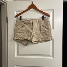 Never Worn Khaki Short Shorts - 8 Asymmetrical Skort, Low Rise Jean Shorts, Floral Denim Shorts, 70’s Style, Tan Shorts, Metallic Shorts, Tailored Shorts, Floral Denim, Express Jeans