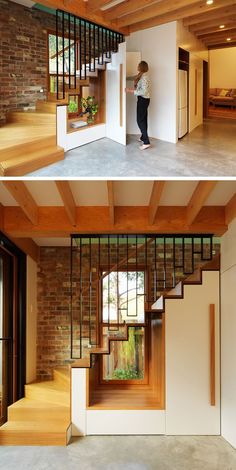 there are two pictures of the inside of a house and one has stairs in it