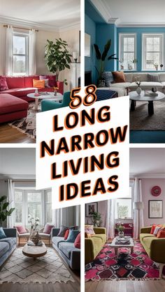 the living room is decorated in blue and pink tones with text overlay that reads, 66 long narrow living ideas