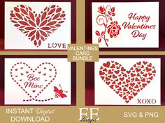 four valentine's day cards with hearts and flowers