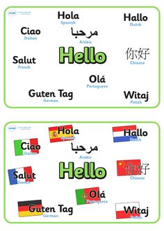 two labels with different languages and colors for the same language, one has an image of hello