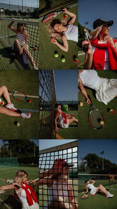 four photos of women playing tennis on the grass and in the air with balls coming out of their rackets