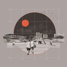 two people walking in front of an orange circle with buildings and birds flying around them