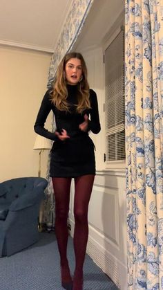 TikTok · styledsara Holiday Party Dress Casual, Going Out Outfits Late 20s, Black Hair Outfits Aesthetic, Night Out In San Francisco Outfit, Extra Winter Outfits, Maroon Stockings Outfit, Christmas Party Outfits Winter, Semi Formal Winter Dresses, Wedding Guest Dress With Tights