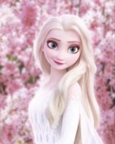 a close up of a frozen princess with long blonde hair and blue eyes, standing in front of pink flowers