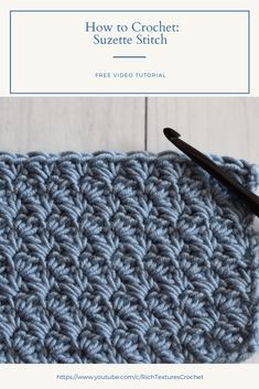 the crochet suzette stitch pattern is shown in blue and gray yarn