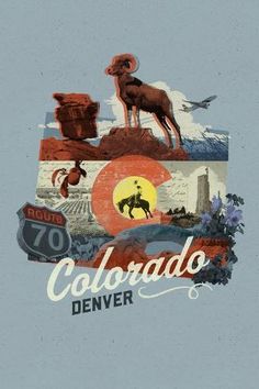 the colorado state is depicted in this collage with mountains, trees, and animals