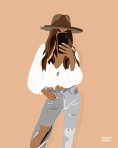 a woman wearing ripped jeans and a hat taking a selfie with her cell phone