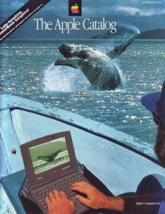 an advertisement for apple catalog with a man on a boat in the water and a whale jumping out of the water