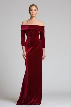 Color_Wine Burgundy Velvet Dress, Velvet Bridesmaid Dresses, Teri Jon, Shoulder Stretch, Mother Of Groom Dresses, Velvet Gown, Mob Dresses, Burgundy Velvet, Column Gown