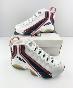 A pair of rare original 1996 New/Old stock Fila “Stack 2” Jerry Stackhouse original sneakers. In a size 5.5. These where pulled out of a basement find along with many other original sneakers. These are brand new, never worn. A rare sneaker to find deadstock. Please message with any questions and thanks for looking. *I recently acquired a large collection of vintage sneakers and will be listing them within the coming weeks, so please check back. ***PAYMENT IS REQUIRED WITHIN 24 HOURS OF PURCHASE* Fila Racer For All, Fila Stackhouse Spaghetti, Vintage Basketball Shoes With Rubber Sole For Streetwear, Vintage White Basketball Shoes, Vintage Skate Shoes With Rubber Sole For Sports, Vintage White High-top Basketball Shoes, 90s White Sports Sneakers, Vintage Low-top Basketball Shoes, Vintage Low-top Basketball Shoes For Sports