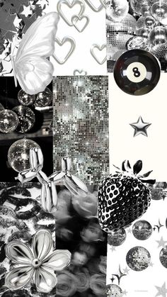 a collage of black and white images with balls, stars, hearts, and other things