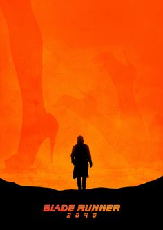 a movie poster for blade runner 2013 with a person standing in front of an orange background